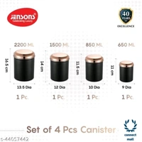 Modern Jars & Containers - LXHXW: 13.5X 16.5 X13.5 cm,  MATT BLACK With ROSE GOLD LACQUERED  S.Steel Lids, Stainless Steel, Other, Pack of 4